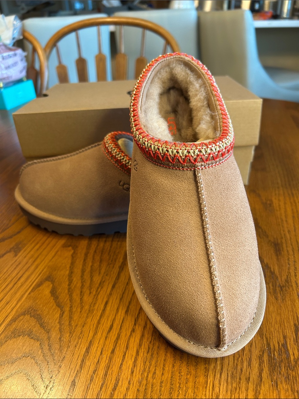 UGG Women’s Brown Suede Slip-On Slipper with Red Trim